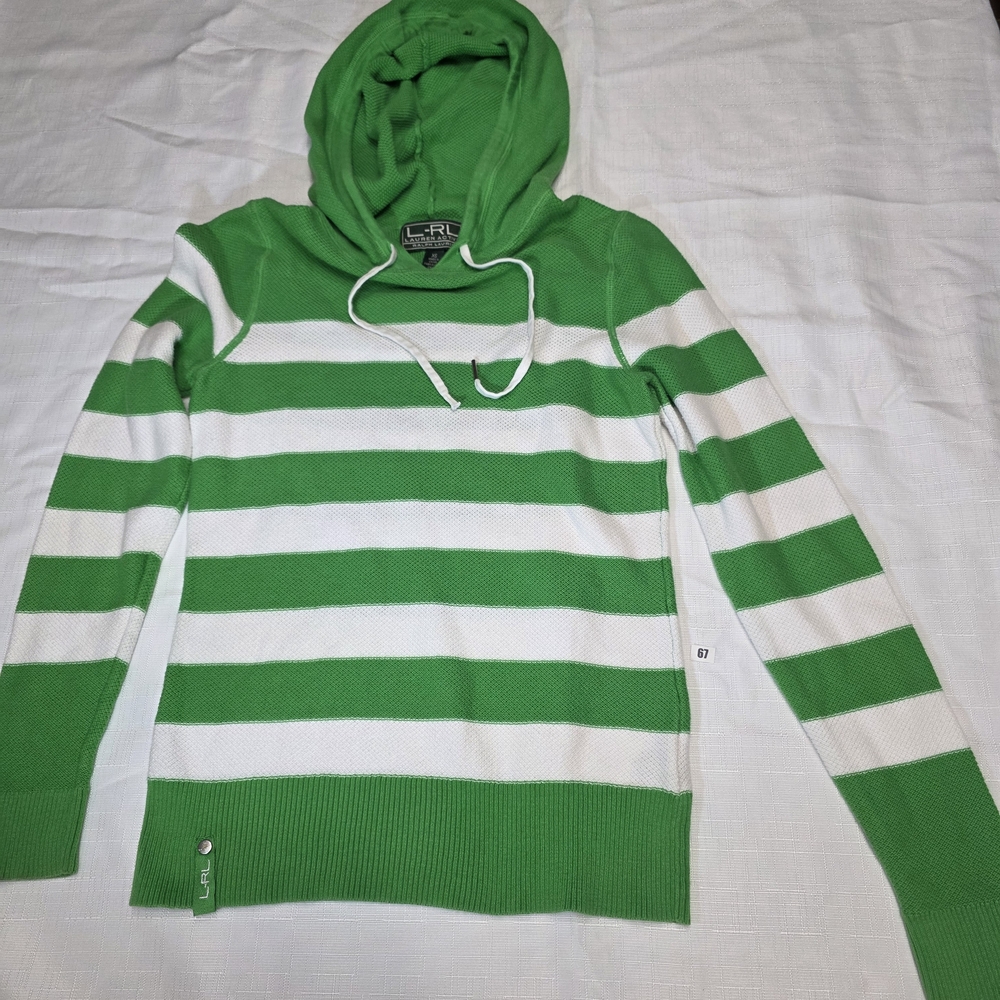 Ralph LAUREN Green and White Striped Women's Hoodie Sweater XS